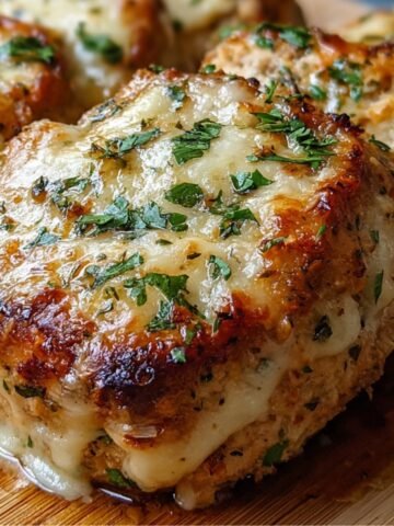 Juicy baked Parmesan Chicken Meatloaf topped with melted parmesan cheese and fresh parsley, served on a wooden board.