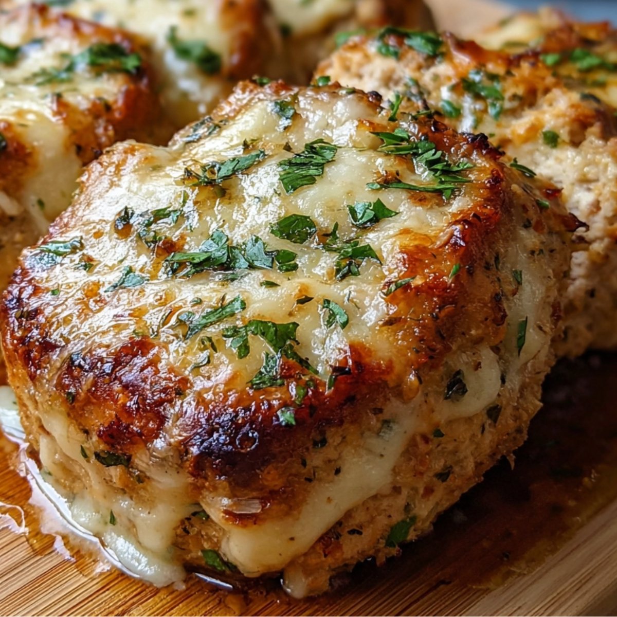 Juicy baked Parmesan Chicken Meatloaf topped with melted parmesan cheese and fresh parsley, served on a wooden board.