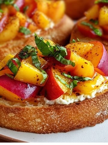 Toasted Peach Bruschetta slices topped with creamy cheese, fresh peach slices, and chopped basil on a white plate.