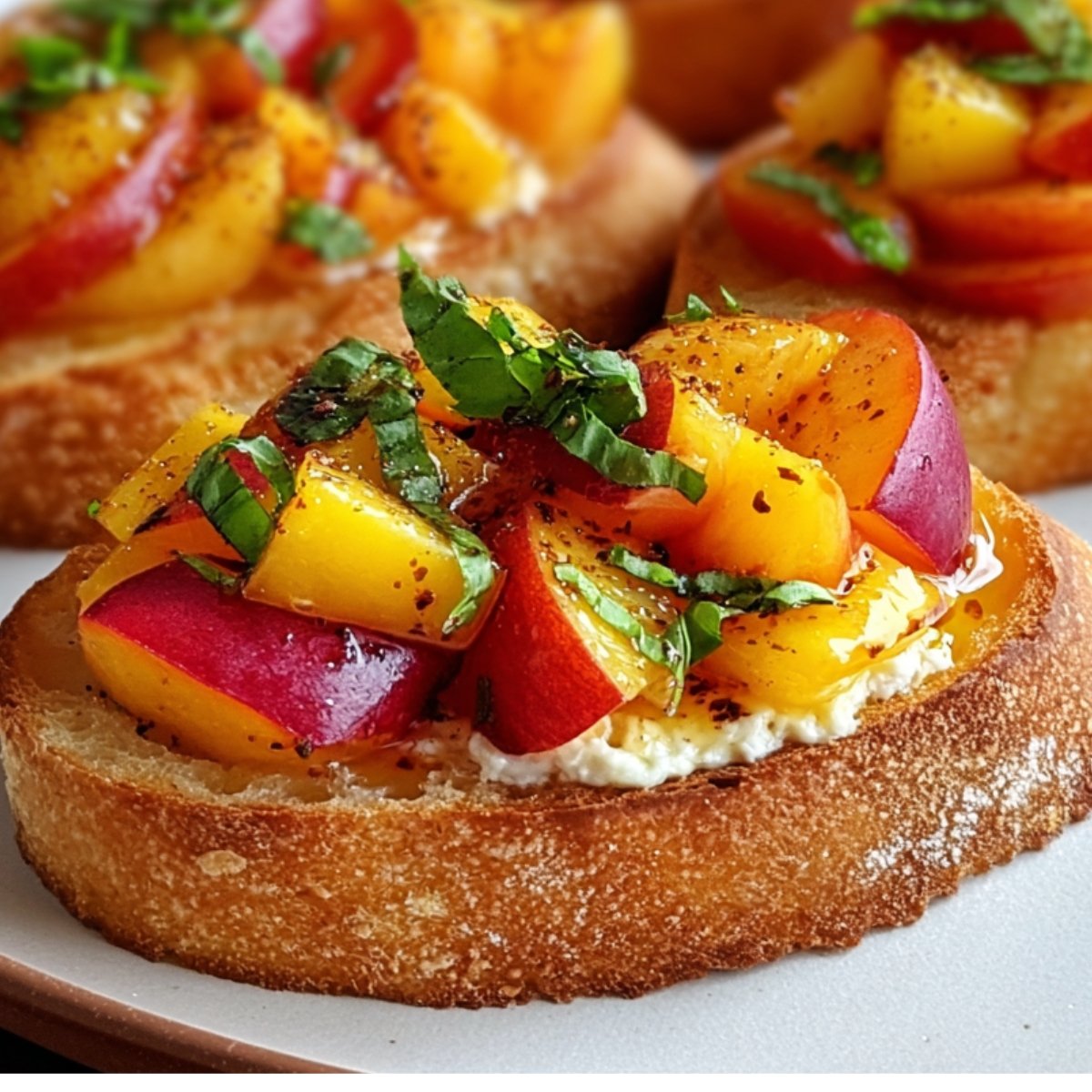 Toasted Peach Bruschetta slices topped with creamy cheese, fresh peach slices, and chopped basil on a white plate.