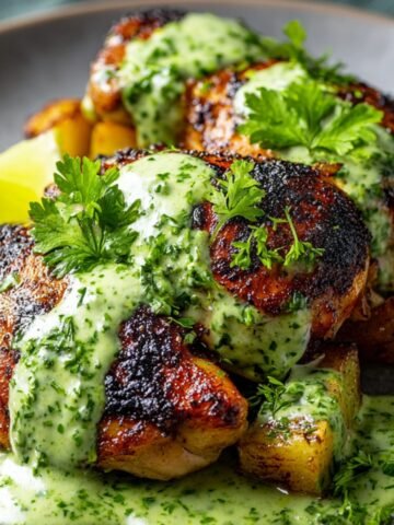 Juicy grilled Peruvian chicken with green sauce, served over roasted potatoes and topped with creamy green aji verde sauce and fresh herbs.