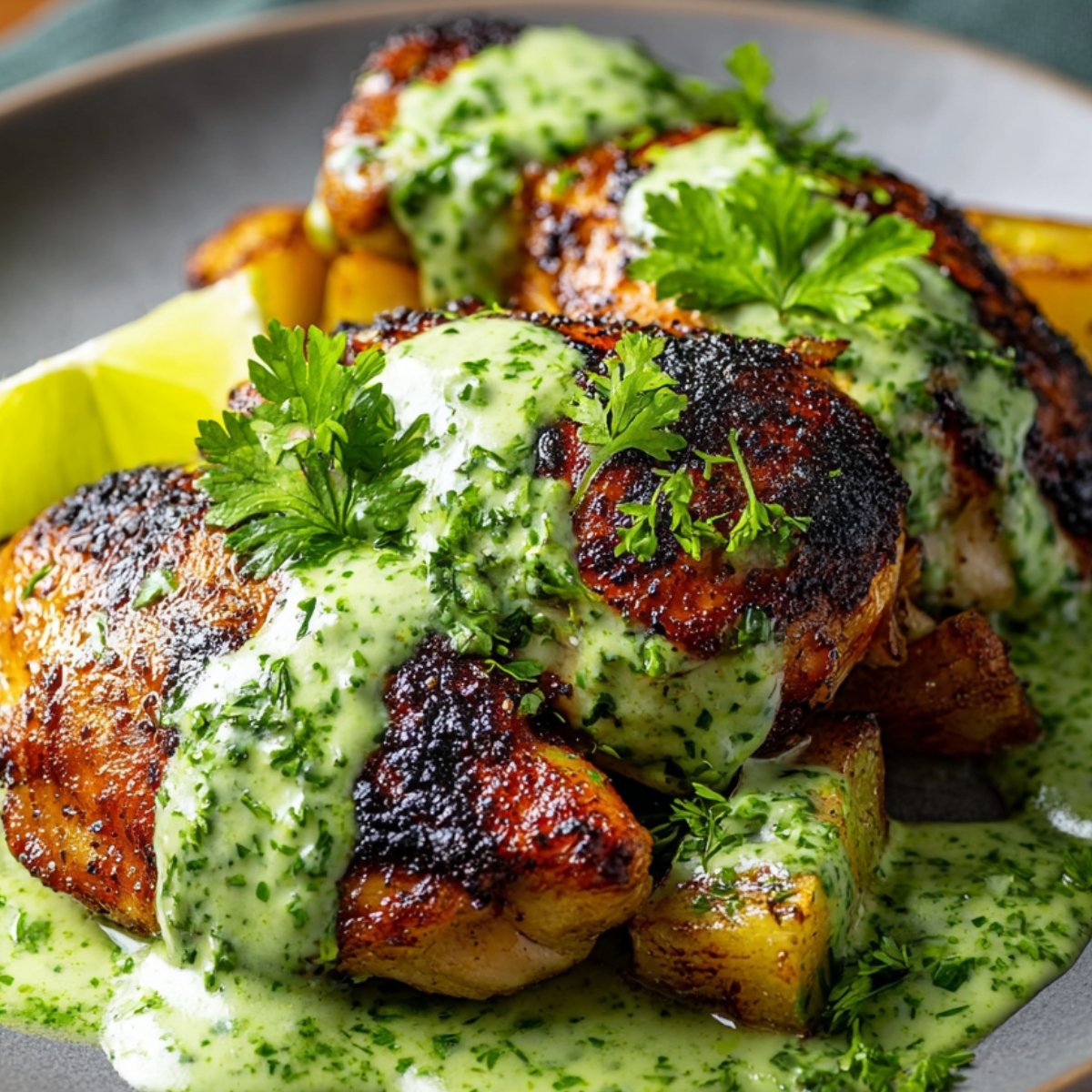 Juicy grilled Peruvian chicken with green sauce, served over roasted potatoes and topped with creamy green aji verde sauce and fresh herbs.