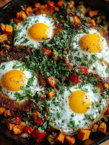 A cast-iron skillet filled with sweet potato hash topped with four sunny-side-up eggs, garnished with fresh chopped parsley and black pepper, with colorful red and green bell peppers mixed in.