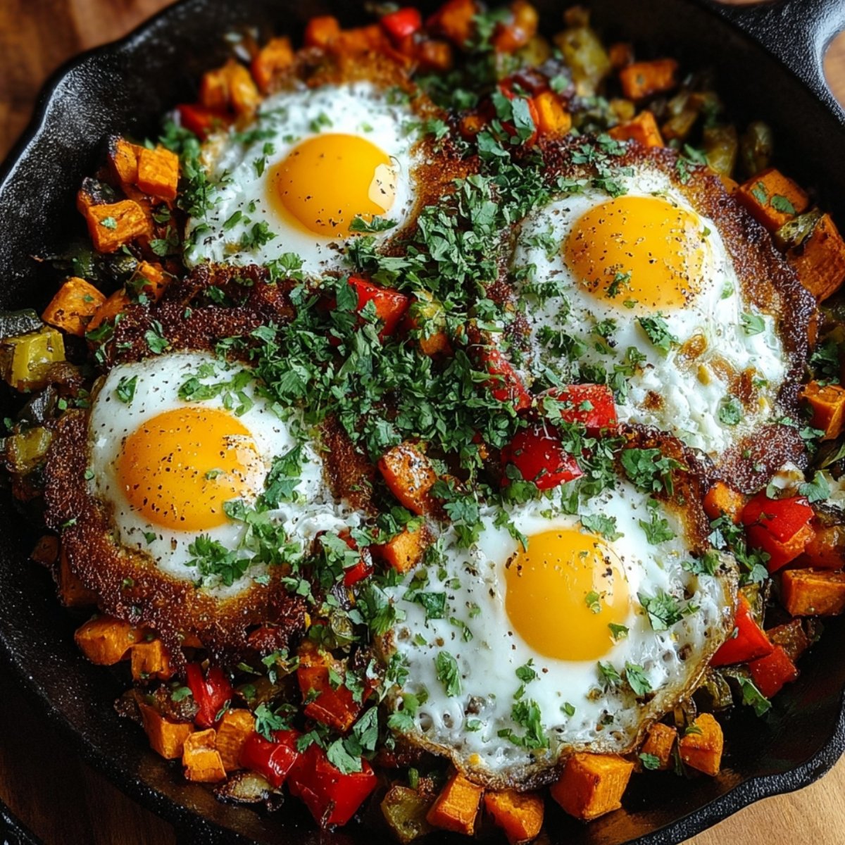 A cast-iron skillet filled with sweet potato hash topped with four sunny-side-up eggs, garnished with fresh chopped parsley and black pepper, with colorful red and green bell peppers mixed in.