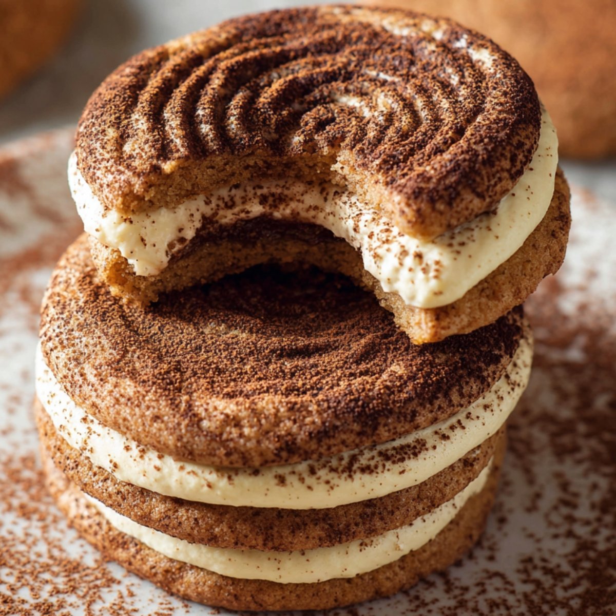 Two stacked soft cookies dusted with cocoa powder, filled with creamy mascarpone-style filling. The top Tiramisu Cookies has a visible bite taken out, showing the soft interior. Inspired by tiramisu, these sandwich cookies blend dessert and espresso flavors.