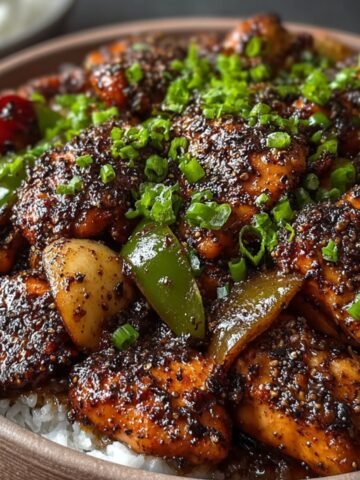 Bowl of black pepper chicken served over steamed white rice, garnished with chopped green onions, featuring glossy sauce, bell peppers, and whole garlic cloves.