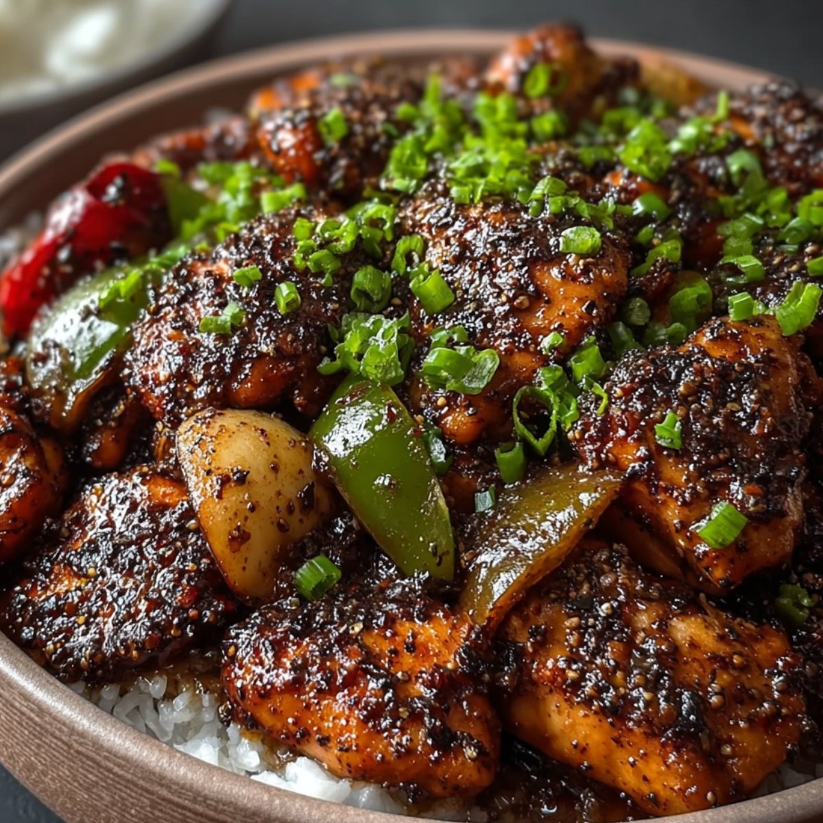 Bowl of black pepper chicken served over steamed white rice, garnished with chopped green onions, featuring glossy sauce, bell peppers, and whole garlic cloves.