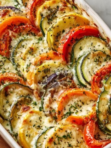 A baked cheesy root vegetable gratin in a white rectangular dish, featuring neatly layered slices of zucchini, tomato, yellow squash, and eggplant topped with melted cheese and sprinkled herbs.