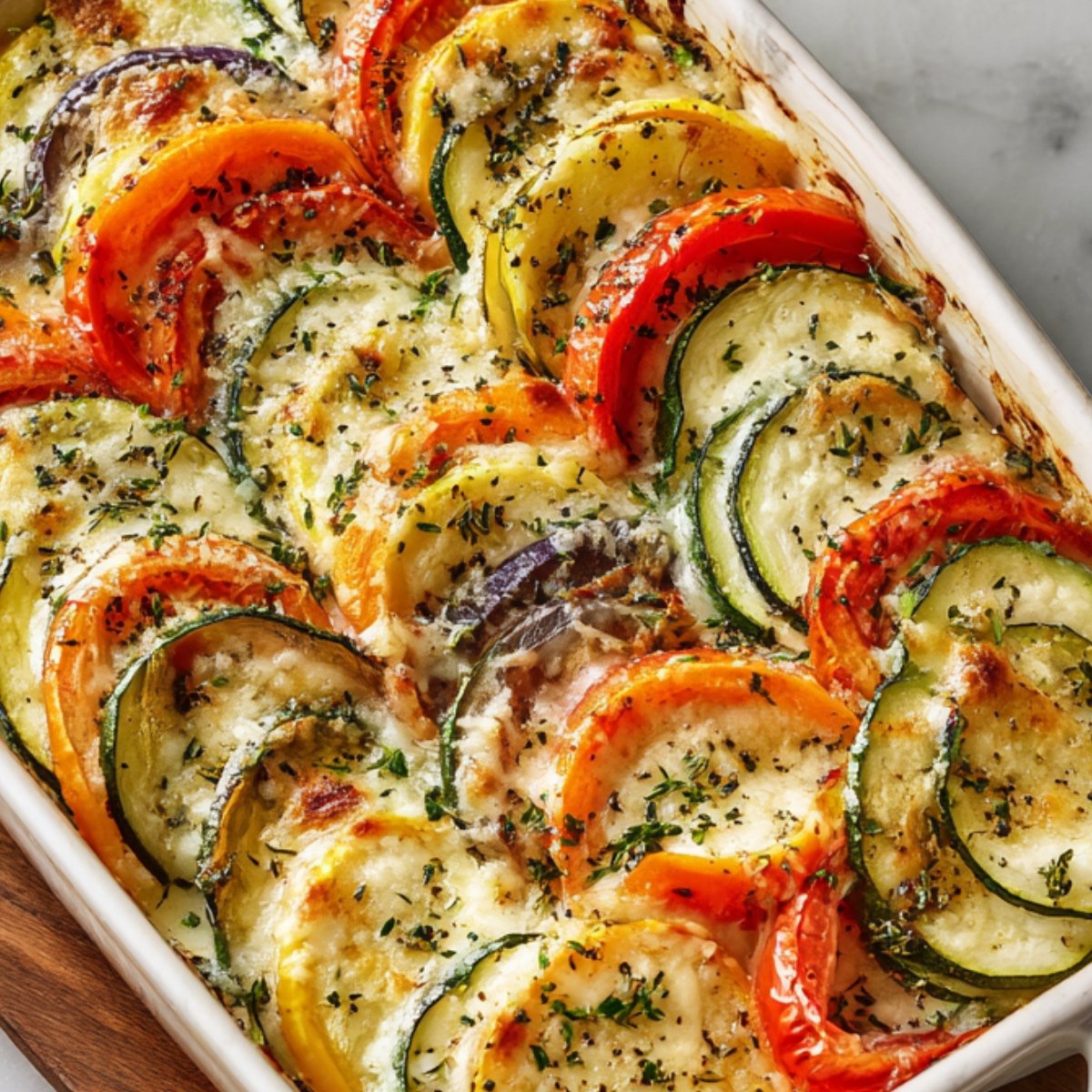 A baked cheesy root vegetable gratin in a white rectangular dish, featuring neatly layered slices of zucchini, tomato, yellow squash, and eggplant topped with melted cheese and sprinkled herbs.