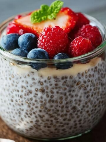 A glass jar filled with creamy chia seed pudding, topped with fresh raspberries, blueberries, a strawberry slice, and a mint leaf.
