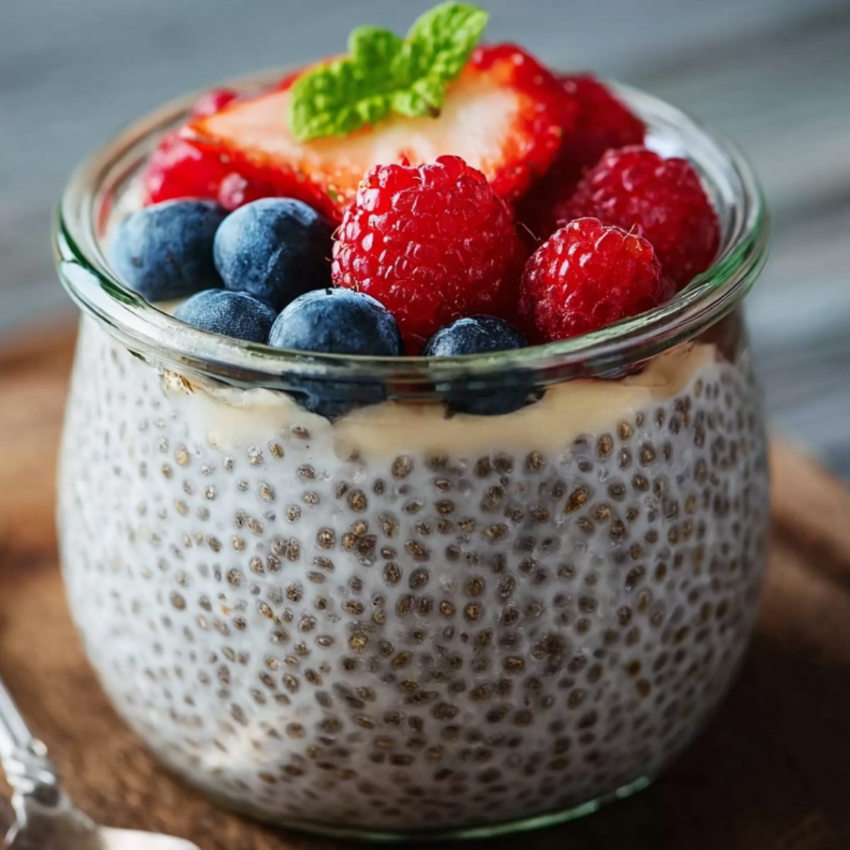 A glass jar filled with creamy chia seed pudding, topped with fresh raspberries, blueberries, a strawberry slice, and a mint leaf.