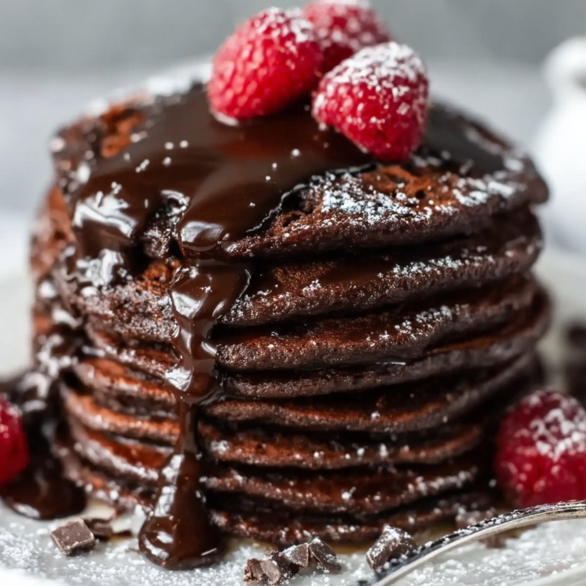 Stack of rich chocolate pancakes topped with melted chocolate, powdered sugar, and fresh raspberries on a white plate