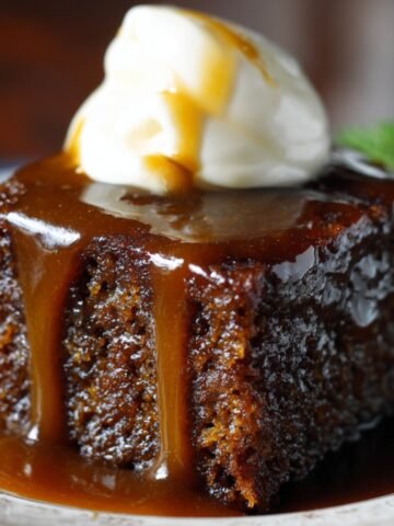 A rich slice of sticky toffee pudding recipe covered in glossy caramel sauce, topped with a dollop of whipped cream. The moist texture of the cake is visible, with sauce dripping down the sides, served on a dessert plate.