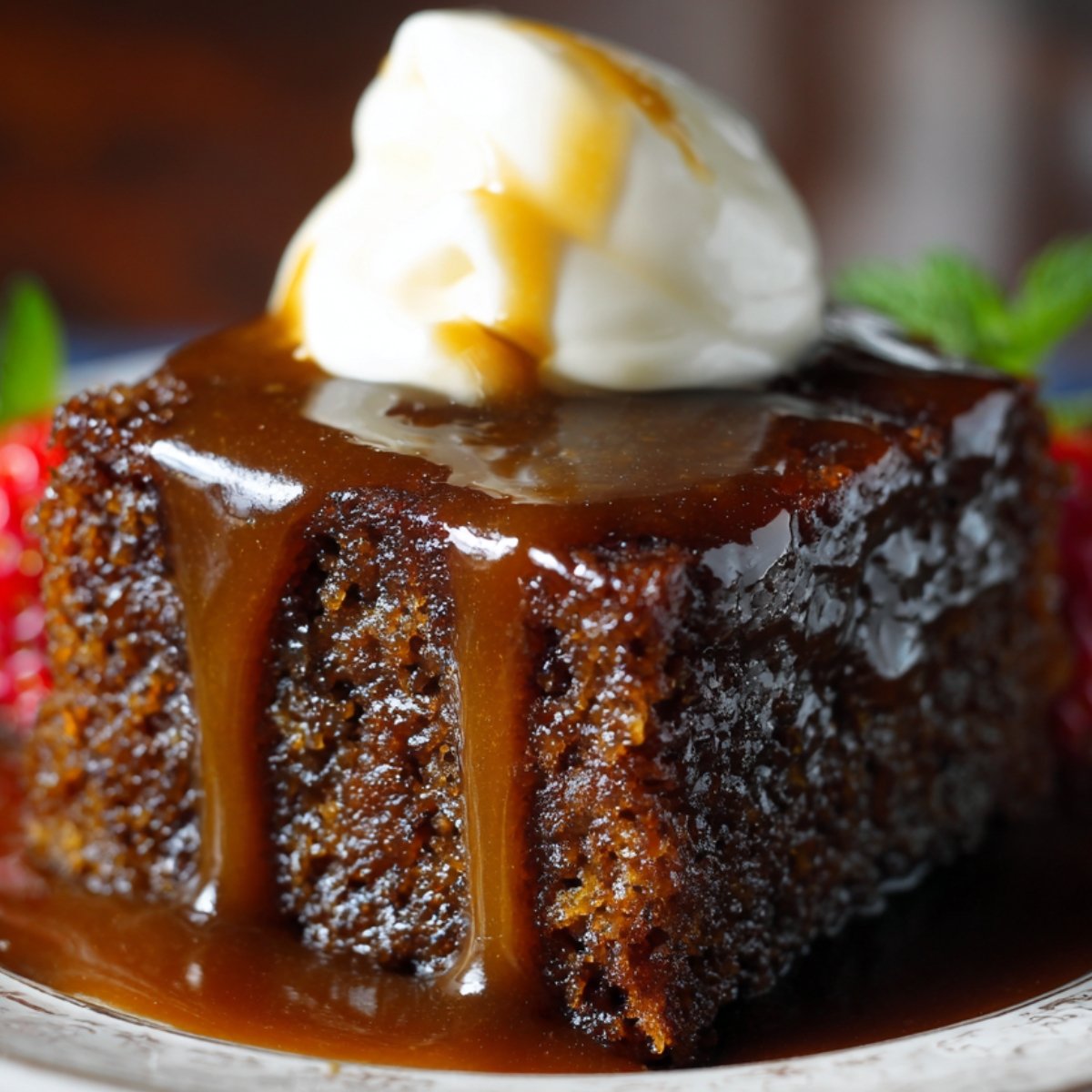 A rich slice of sticky toffee pudding recipe covered in glossy caramel sauce, topped with a dollop of whipped cream. The moist texture of the cake is visible, with sauce dripping down the sides, served on a dessert plate.