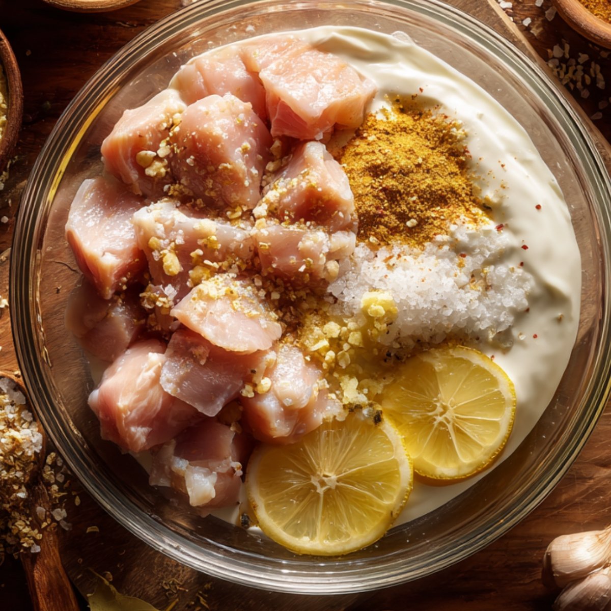 Top-down view of a bowl filled with raw chicken pieces, plain yogurt, lemon slices, salt, minced garlic, and spices ready to be mixed. Surrounding the bowl are small wooden bowls of herbs and seasoning on a wooden board.