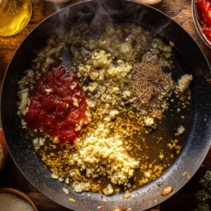 Overhead view of a pan with sautéed onions, minced garlic, tomato paste, and spices cooking together. Surrounded by ingredients like oil, chopped tomatoes, herbs, and seasonings on a rustic wooden surface.