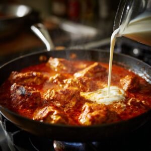 A close-up of marinated chicken simmering in a rich tomato sauce in a frying pan, while a stream of heavy cream is being slowly poured into the center of the pan. Steam rises as the sauce thickens.