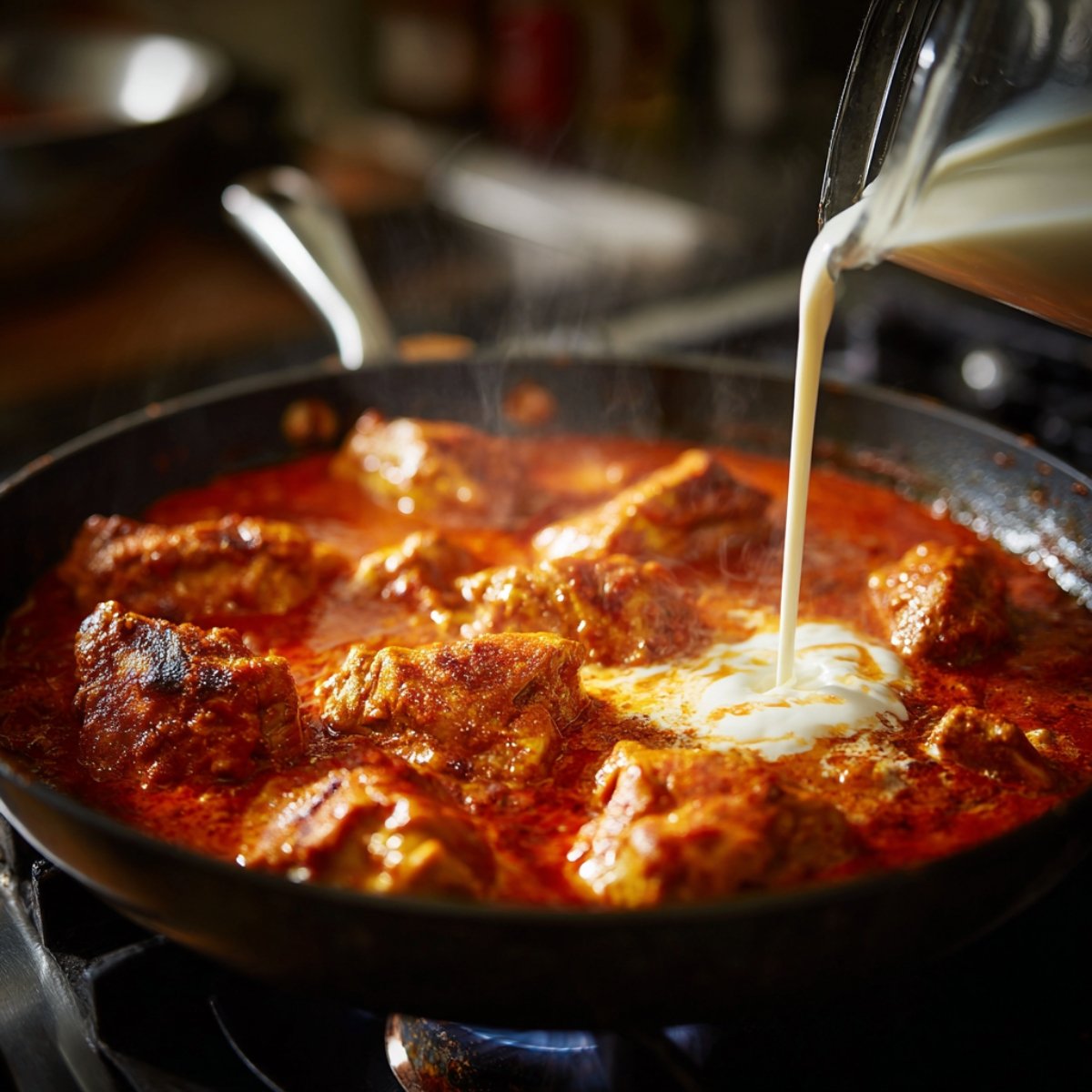 A close-up of marinated chicken simmering in a rich tomato sauce in a frying pan, while a stream of heavy cream is being slowly poured into the center of the pan. Steam rises as the sauce thickens.
