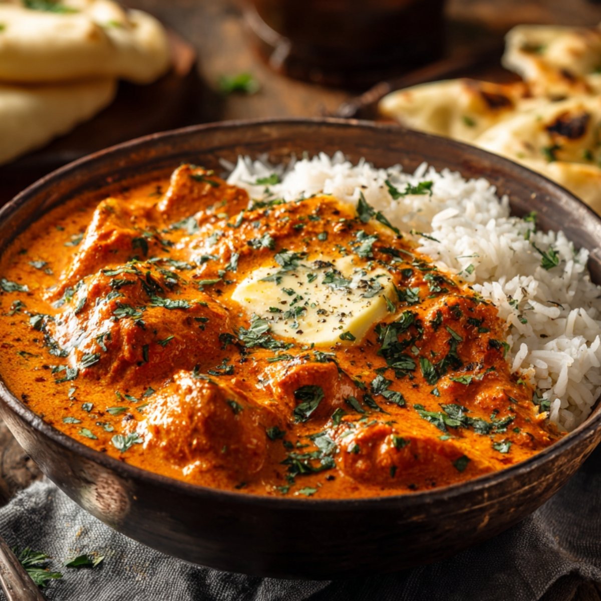 A bowl of creamy butter chicken served over basmati rice, topped with a pat of melting butter and garnished with chopped cilantro. Garlic naan and extra rice are visible in the background on a rustic wooden table.