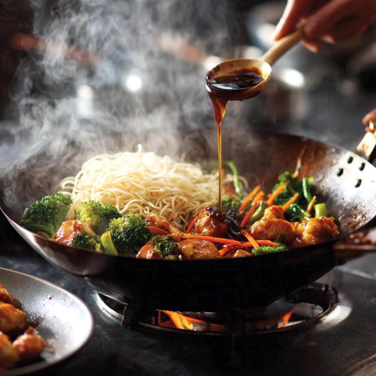 A hand pours dark stir-fry sauce around the edges of a hot wok filled with noodles, broccoli, chicken, and julienned carrots. Steam billows as the ingredients sizzle over a visible gas flame.