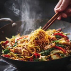 “Chopsticks lifting a steaming tangle of stir-fried noodles from a wok. The dish is vibrant with golden chicken, bright red peppers, bok choy, and glossy sauce clinging to every bite.