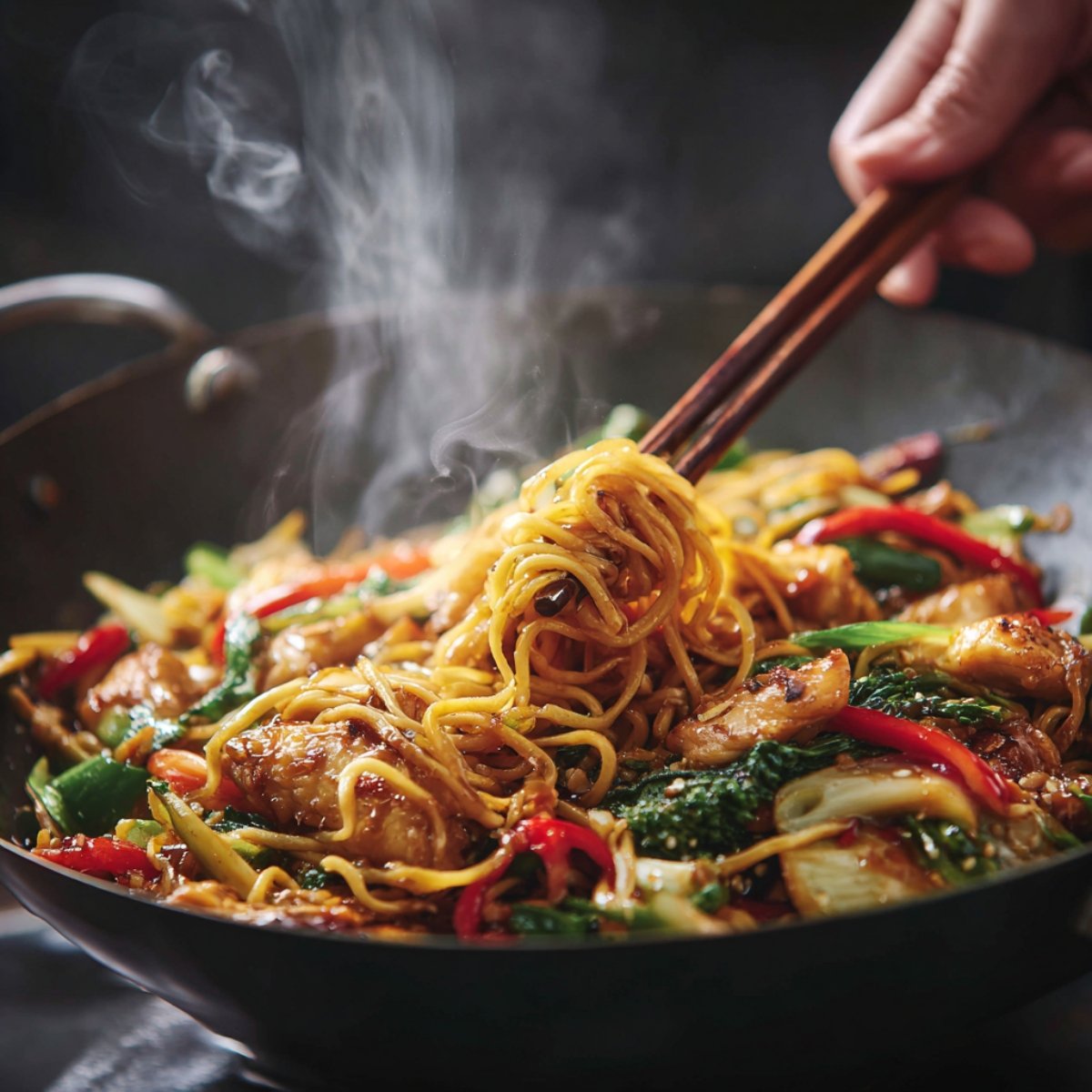 “Chopsticks lifting a steaming tangle of stir-fried noodles from a wok. The dish is vibrant with golden chicken, bright red peppers, bok choy, and glossy sauce clinging to every bite.