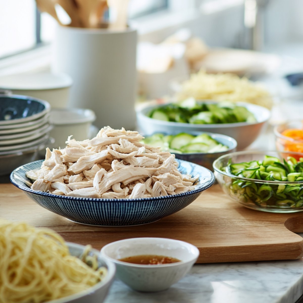 Bright kitchen countertop lined with prepped ingredients in clear bowls: shredded chicken, sliced cucumbers, julienned carrots, and noodles all ready for a stir-fry, bathed in natural daylight.