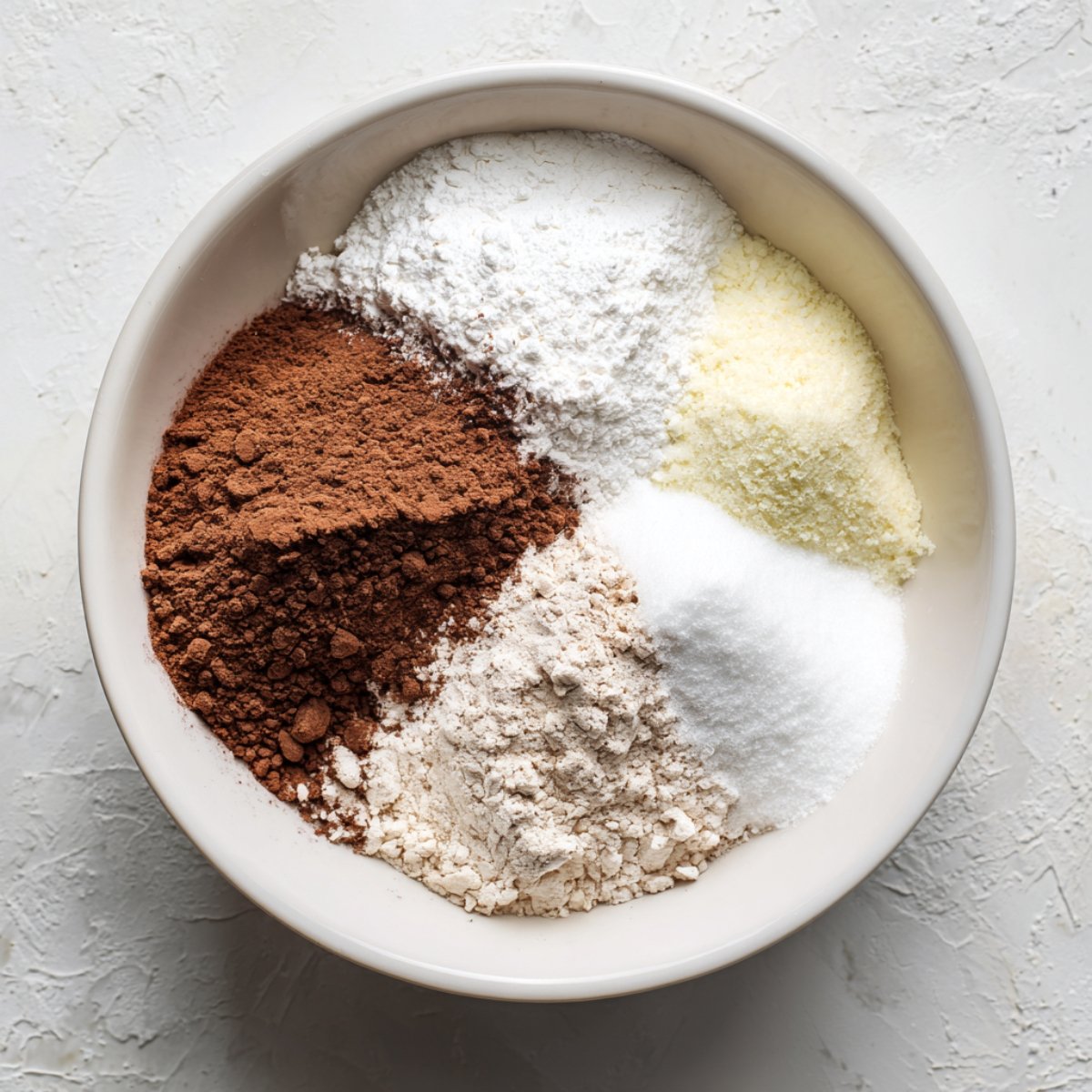 A white bowl containing separate piles of cocoa powder, flour, powdered milk, and sugar for pancake mix.