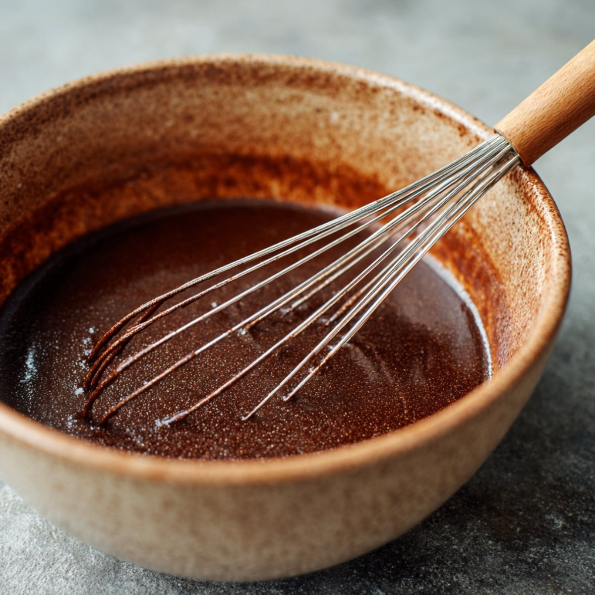 A brown ceramic bowl with rich chocolate pancake batter being whisked with a metal whisk.