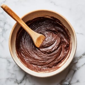 A mixing bowl filled with thick, dark chocolate pancake batter being stirred with a wooden spatula