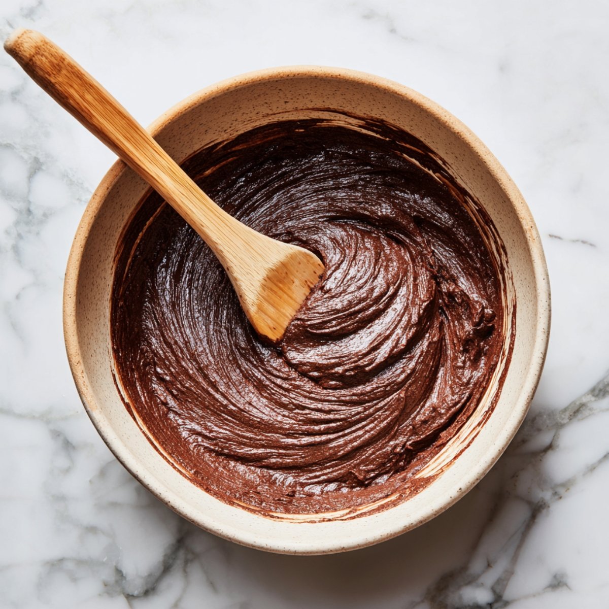 A mixing bowl filled with thick, dark chocolate pancake batter being stirred with a wooden spatula