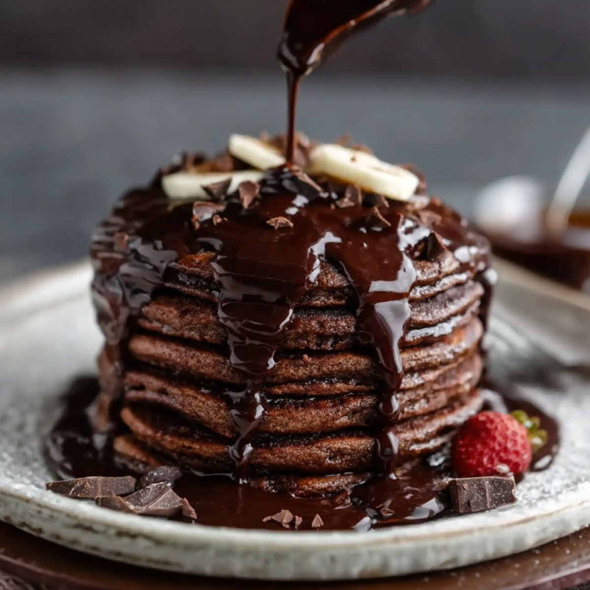 A tall stack of chocolate pancakes drizzled with glossy chocolate sauce, topped with banana slices and served with chocolate chunks and a raspberry on the side