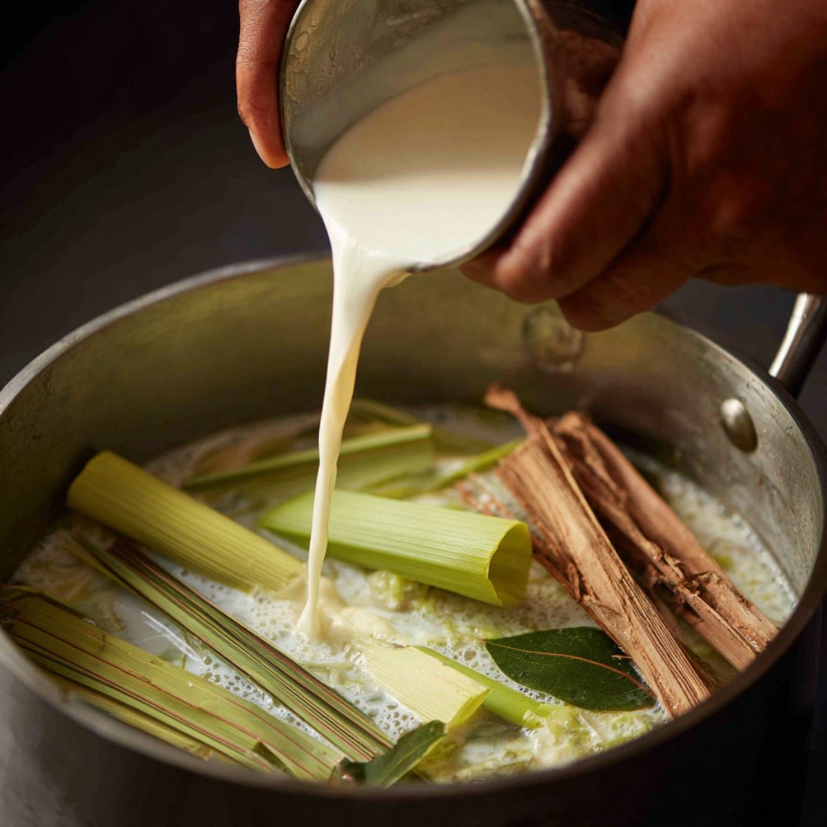 Close-up of creamy coconut milk being poured into a saucepan filled with lemongrass stalks, cinnamon sticks, and bay leaves as the base for a Southeast Asian-style broth.