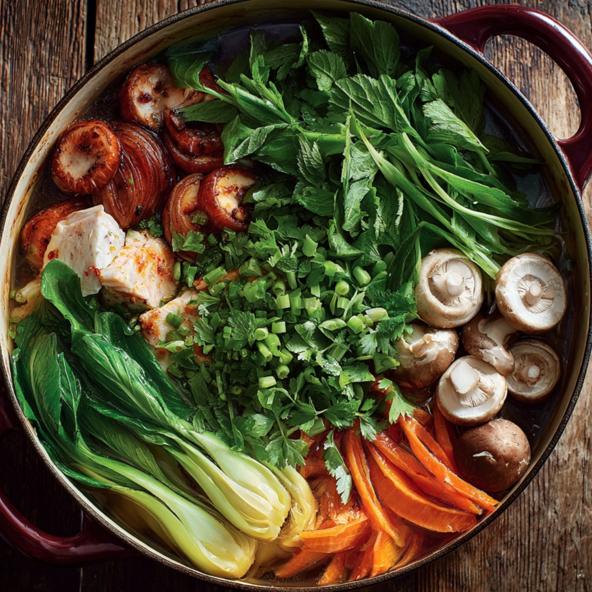 Large pot filled with beautifully arranged hot pot ingredients, including bok choy, carrots, mushrooms, leafy greens, tofu, and herbs, all ready to simmer in a clear broth.
