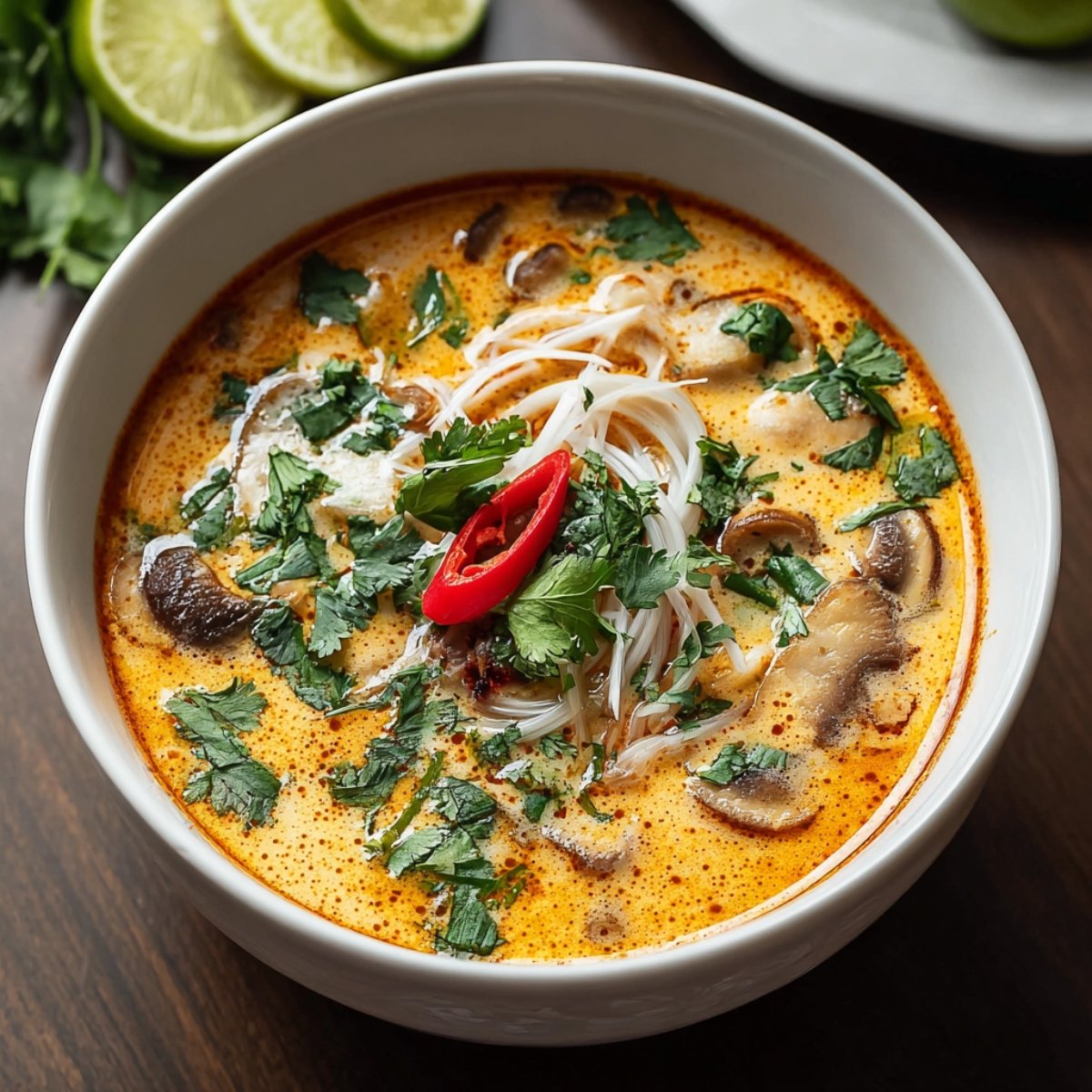 Bowl of Thai-style coconut curry noodle soup topped with mushrooms, fresh cilantro, rice noodles, and red chili slices. The creamy orange broth is rich and aromatic with visible herbs.