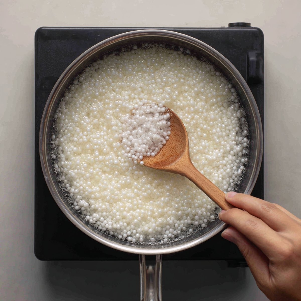 A saucepan on a stove containing cooking tapioca pearls, with a wooden spoon scooping some up.