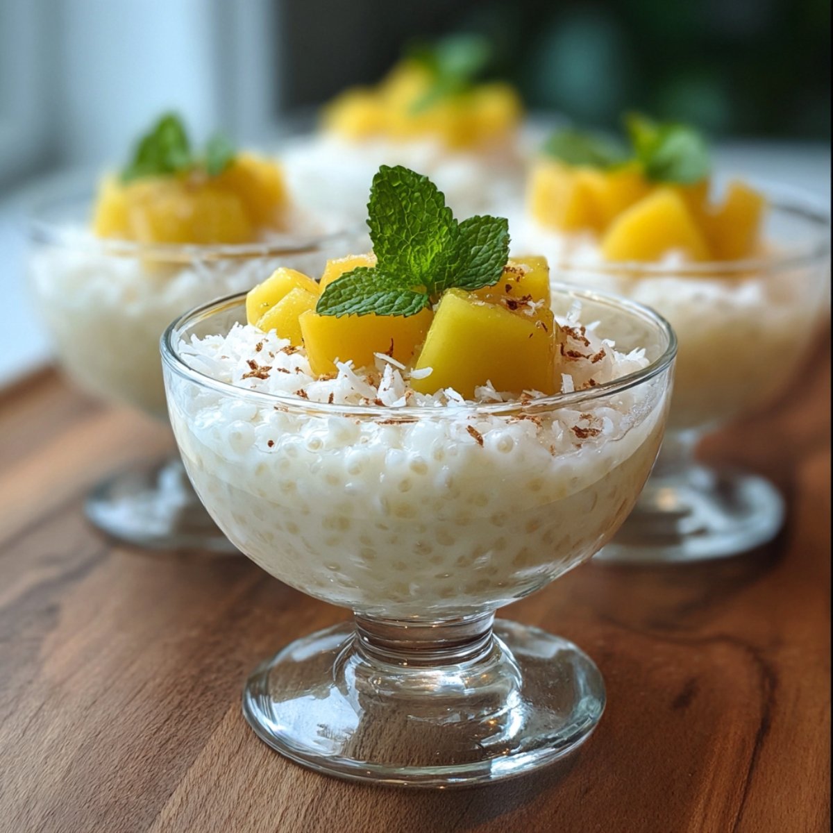 Glass dessert cups filled with creamy coconut tapioca pudding, topped with diced mango, shredded coconut, and a fresh mint sprig.