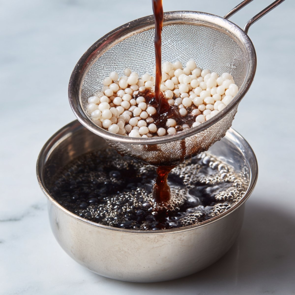 A metal strainer holding cooked tapioca pearls, with a dark syrup being poured through into a bowl below.