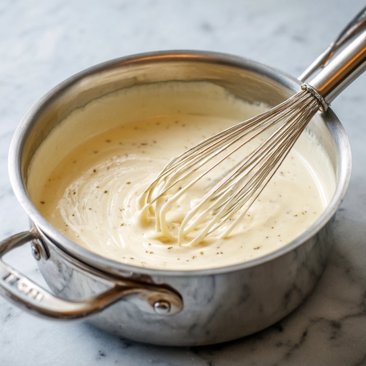 Smooth, creamy white sauce being whisked in a stainless steel saucepan, seasoned with pepper.