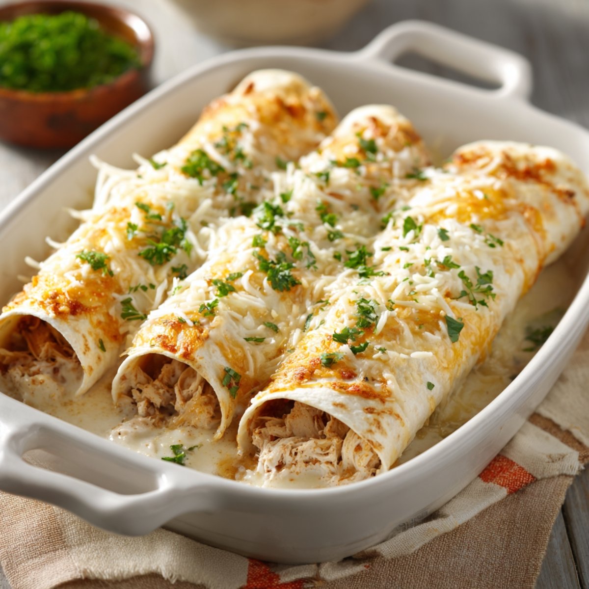 Creamy white chicken enchiladas in a white ceramic baking dish, topped with melted cheese and fresh parsley.