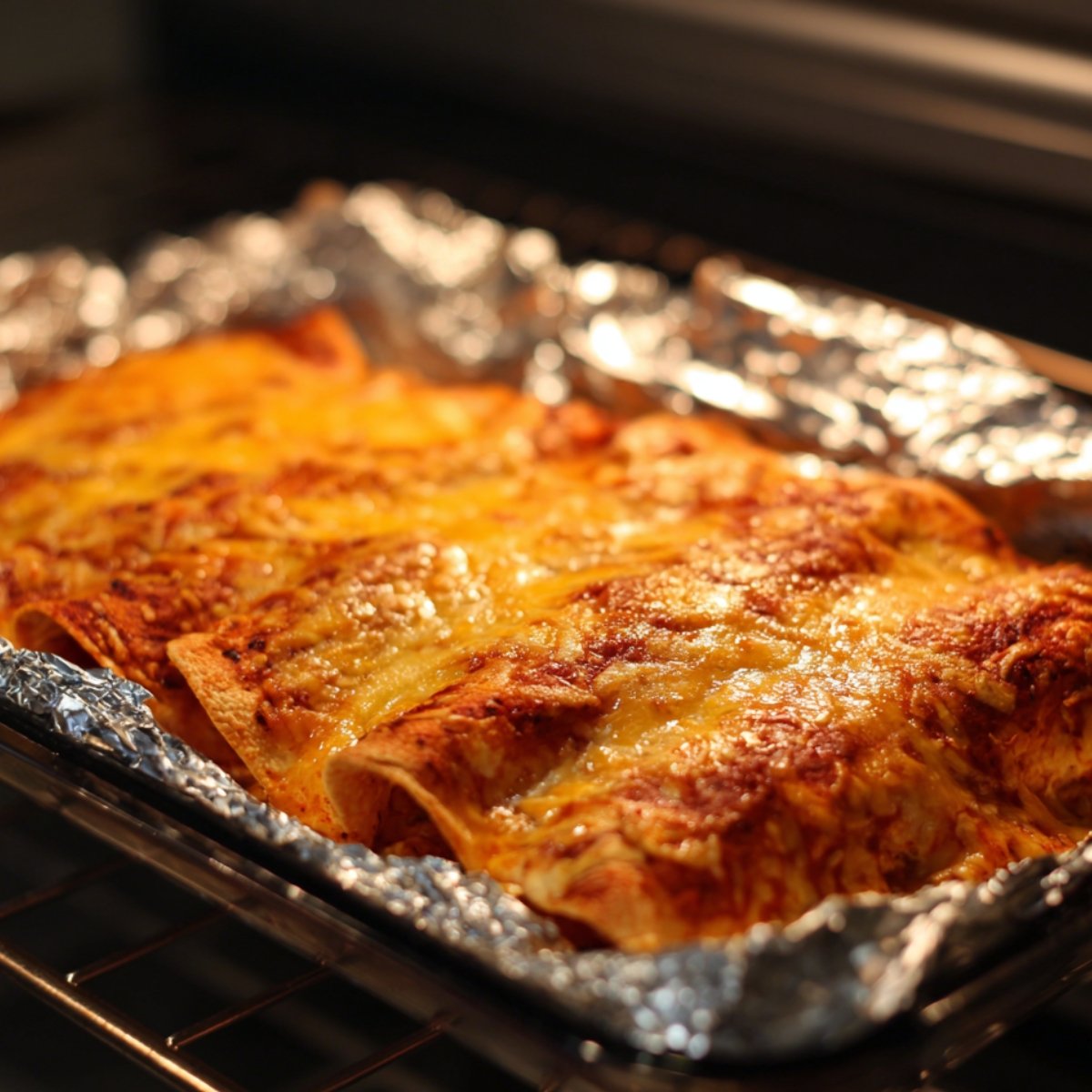 Golden and bubbly cheesy chicken enchiladas baking in a foil-lined glass baking dish inside the oven.