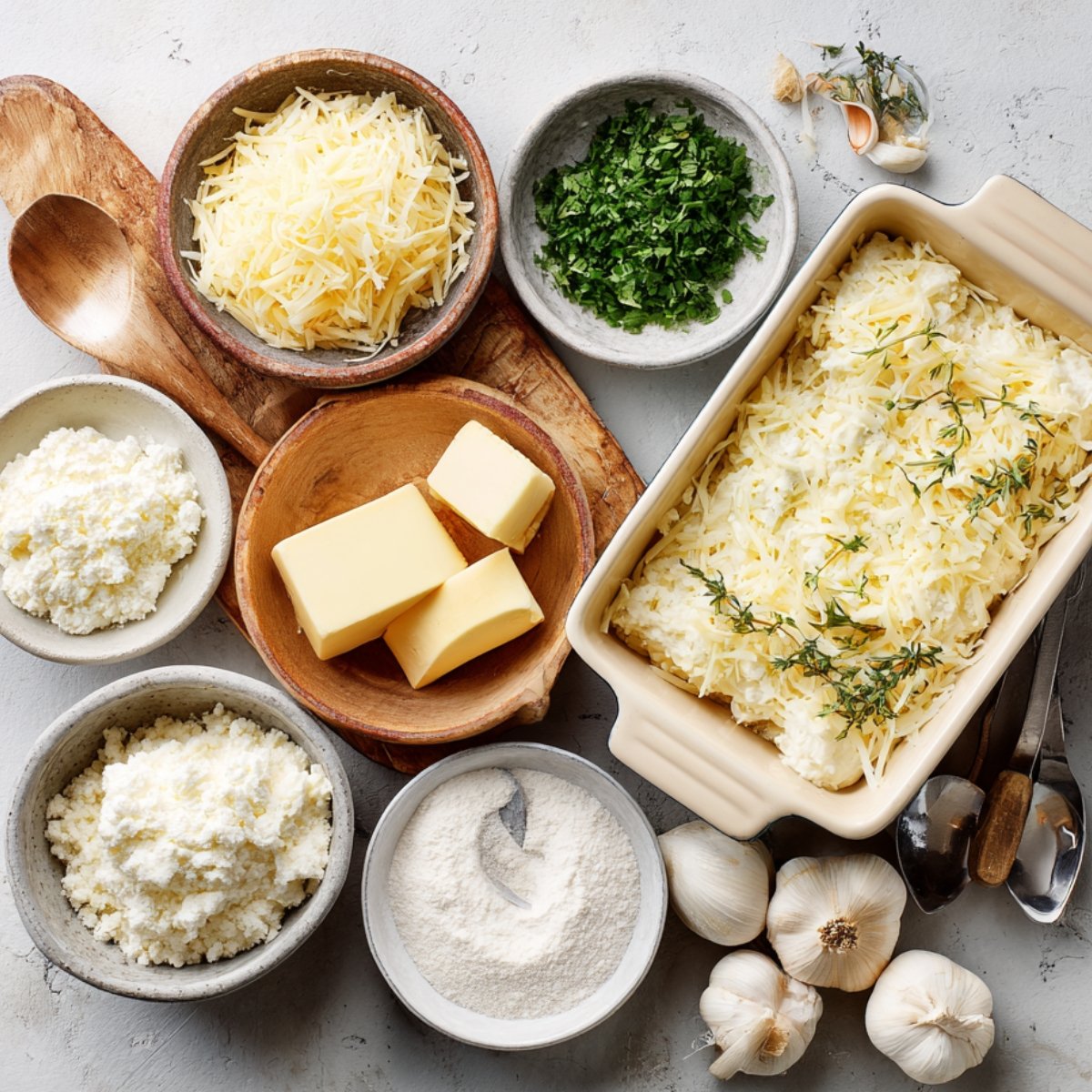 Ingredients for creamy enchiladas including shredded cheese, butter, herbs, garlic, and flour in rustic bowls