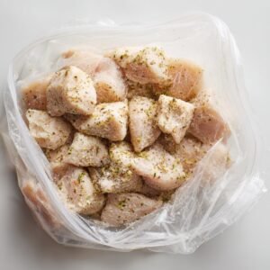 Raw chicken chunks seasoned with herbs and spices inside a ziplock bag, ready to be breaded.