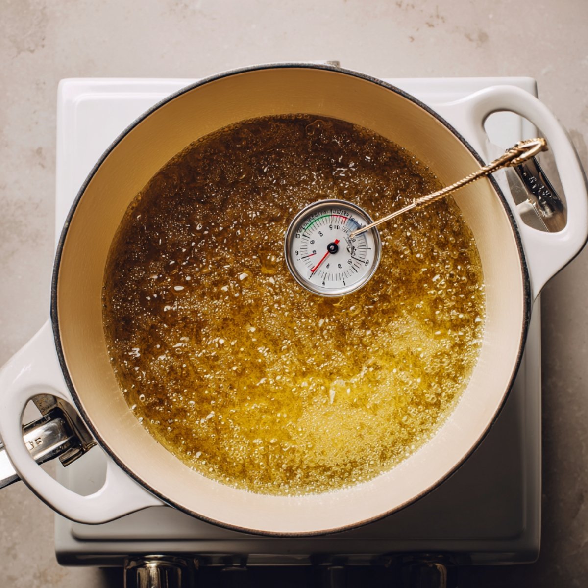 Overhead view of a pot filled with bubbling oil and a frying thermometer monitoring the temperature.