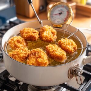 Several breaded chicken pieces frying in hot oil inside a white pot with a thermometer attached.