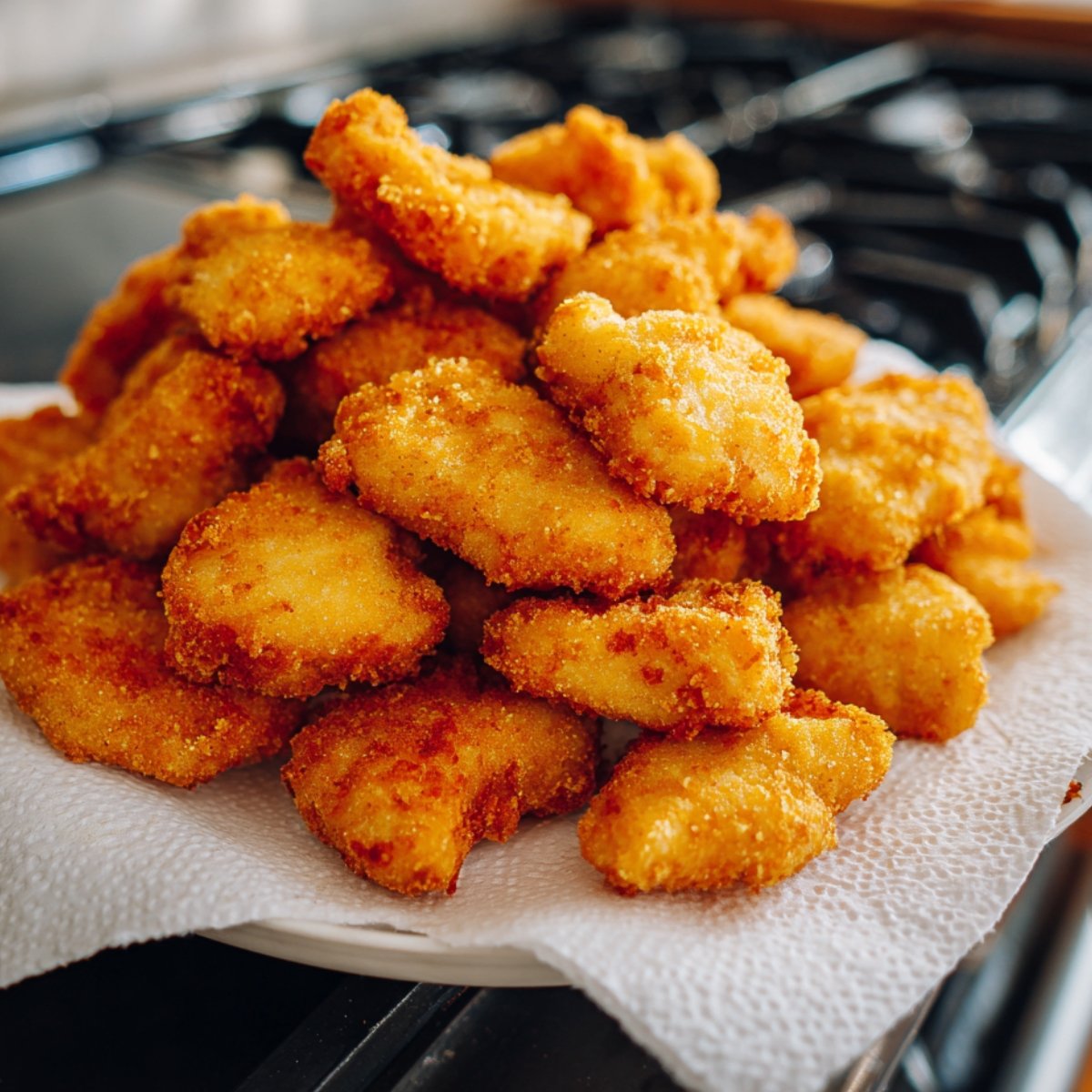 Pile of golden-brown fried chicken pieces resting on a paper towel-lined plate to absorb excess oil.