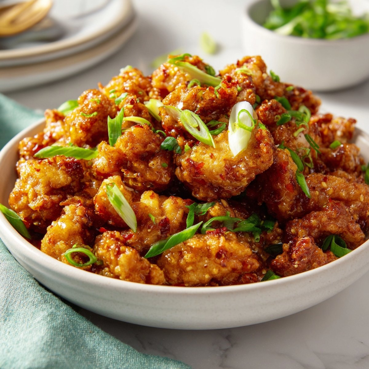A bowl of crispy Bang Bang chicken bites coated in spicy sauce and garnished with fresh green onions. A bowl of crispy Bang Bang chicken bites coated in spicy sauce and garnished with fresh green onions.