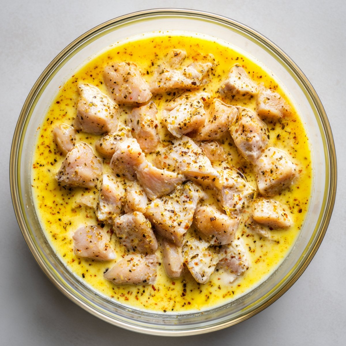 Raw chicken pieces soaking in a buttermilk and spice marinade inside a clear glass mixing bowl.