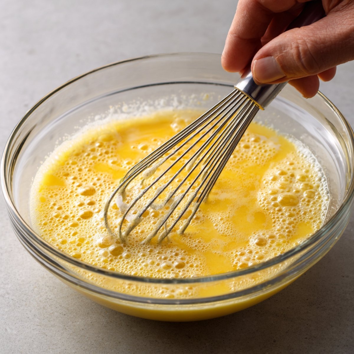 A hand whisking a bowl of yellow egg mixture with visible bubbles, preparing ingredients for a casserole or scramble.