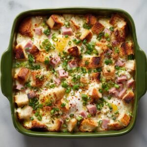 Overhead view of a fully baked eggs Benedict casserole with golden brown bread cubes, diced ham, and chopped green onions in a green dish.